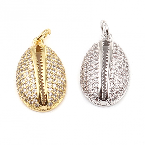 Immagine di Ottone Micro Intarsio Charms Tono Argento Conchiglia Trasparente Strass 24mm x 12mm, 1 Pz