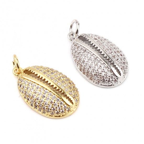Immagine di Ottone Micro Intarsio Charms Tono Argento Conchiglia Trasparente Strass 24mm x 12mm, 1 Pz