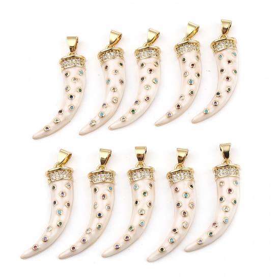 Picture of Brass Micro Pave Pendants Gold Plated Creamy-White Horn-shaped Enamel Multicolor Rhinestone 32mm x 19mm, 1 Piece                                                                                                                                              