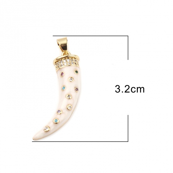 Picture of Brass Micro Pave Pendants Gold Plated Creamy-White Horn-shaped Enamel Multicolor Rhinestone 32mm x 19mm, 1 Piece                                                                                                                                              