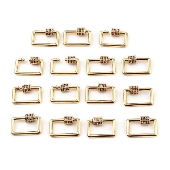 Picture of Copper Screw Clasps Necklace Bracelet Findings Rectangle Gold Plated Can Be Screwed Off Multicolor Rhinestone 21mm x 14mm, 1 Piece