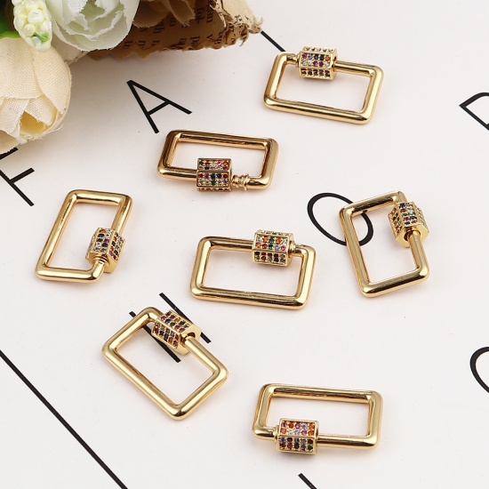 Picture of Copper Screw Clasps Necklace Bracelet Findings Rectangle Gold Plated Can Be Screwed Off Multicolor Rhinestone 21mm x 14mm, 1 Piece