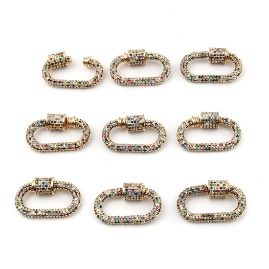 Picture of Copper Screw Clasps Necklace Bracelet Findings Oval Gold Plated Can Be Screwed Off Multicolor Rhinestone 29mm x 18mm, 1 Piece