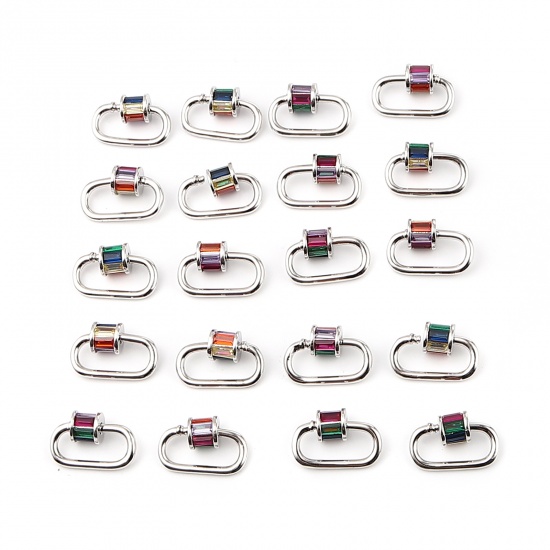 Image de Fermoirs à VisserApprêts Pour Bracelet et Collier en Cuivre Ovale Argent Mat Pouvoir Être Dévissé à Zirconia Cubique Multicolore 20mm x 13mm, 1 Pièce