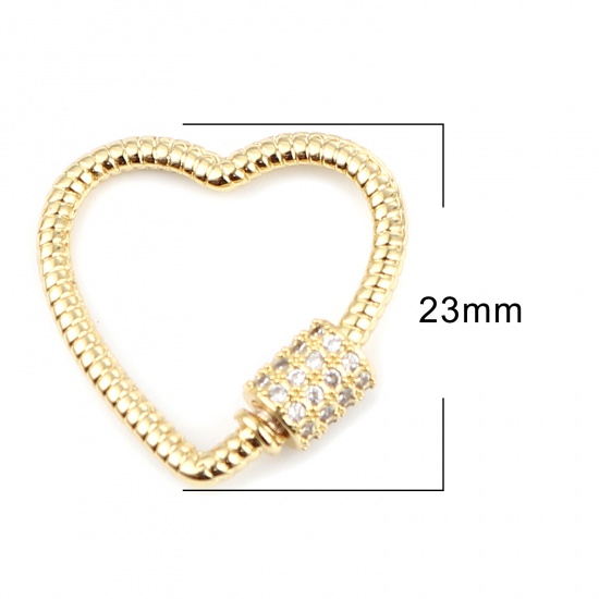 Image de Fermoirs à VisserApprêts Pour Bracelet et Collier en Laiton Cœur Doré Pouvoir Être Dévissé à Strass Transparent 23mm x 23mm, 1 Pièce