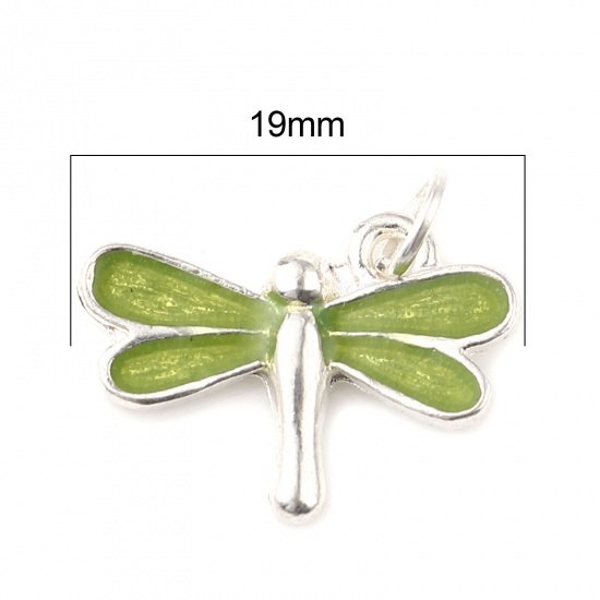 Bild von Zinklegierung Insekt Charms Libellen Versilbert Grün Emaille 19mm x 13mm, 10 Stück