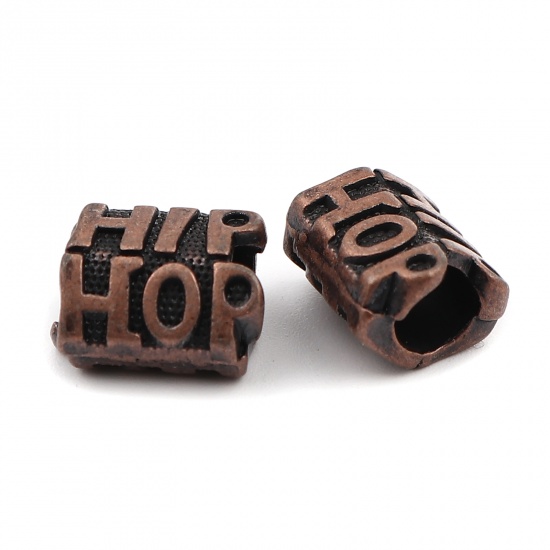 Immagine di Lega di Zinco Perline Ossido di Rame Cilindrico Lettere " HIP HOP " 14mm x 10mm, Foro:Circa 5.3mm, 30 Pz