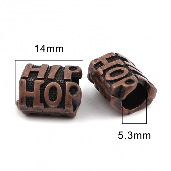 Immagine di Lega di Zinco Perline Ossido di Rame Cilindrico Lettere " HIP HOP " 14mm x 10mm, Foro:Circa 5.3mm, 30 Pz