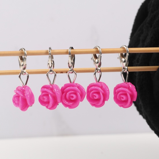Picture of Plastic Knitting Stitch Markers Rose Flower Fuchsia 12 PCs