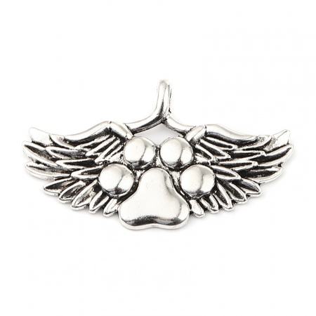 Zinc Based Alloy Pet Memorial Pendants Dog Paw Claw Antique Silver Color Wing 56mm x 32mm, 10 PCs