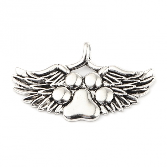 Picture of Zinc Based Alloy Pet Memorial Pendants Dog Paw Claw Antique Silver Color Wing 56mm x 32mm, 10 PCs