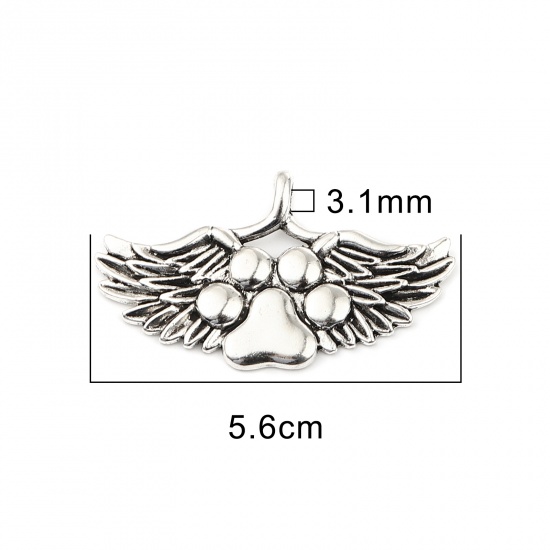 Image de Pendentifs Mémorial d'Animaux Domestiques en Alliage de Zinc Griffe de Patte de Chien Argent Vieilli Ailes 56mm x 32mm, 10 Pcs