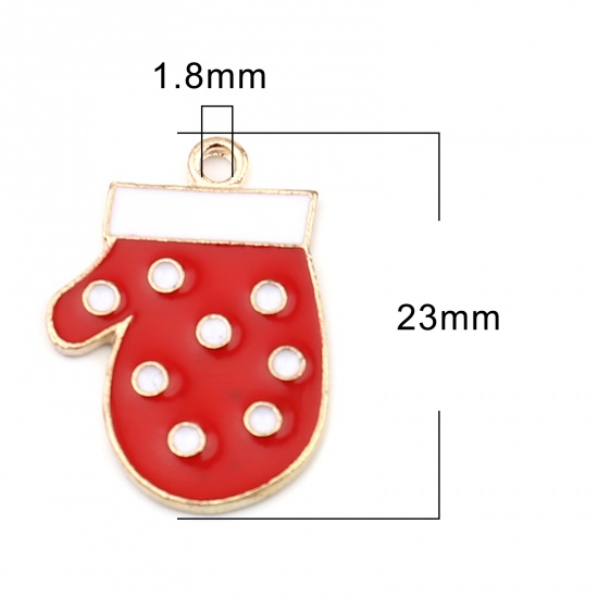 Picture of Zinc Based Alloy Charms Christmas Gloves Gold Plated White & Red Enamel 23mm x 16mm, 10 PCs