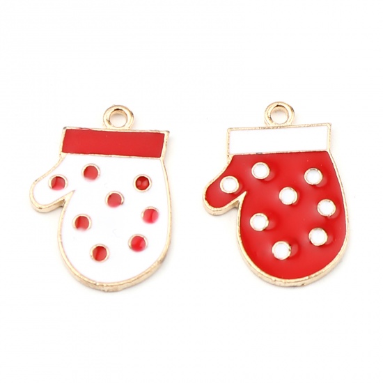 Picture of Zinc Based Alloy Charms Christmas Gloves Gold Plated White & Red Enamel 23mm x 16mm, 10 PCs