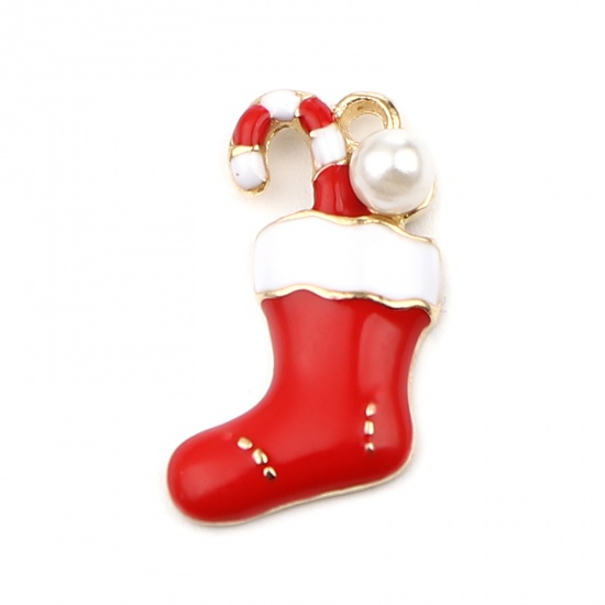 Picture of Zinc Based Alloy & Acrylic Charms Christmas Santa Boots Gold Plated White & Red Enamel Imitation Pearl 19mm x 11mm, 10 PCs