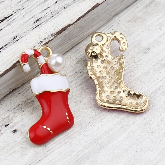 Picture of Zinc Based Alloy & Acrylic Charms Christmas Santa Boots Gold Plated White & Red Enamel Imitation Pearl 19mm x 11mm, 10 PCs