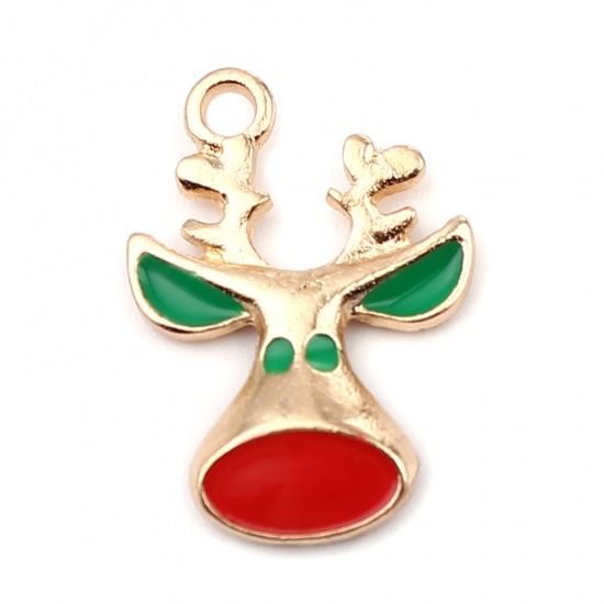 Picture of Zinc Based Alloy Charms Christmas Reindeer Gold Plated Red & Green Enamel 21mm x 14mm, 10 PCs
