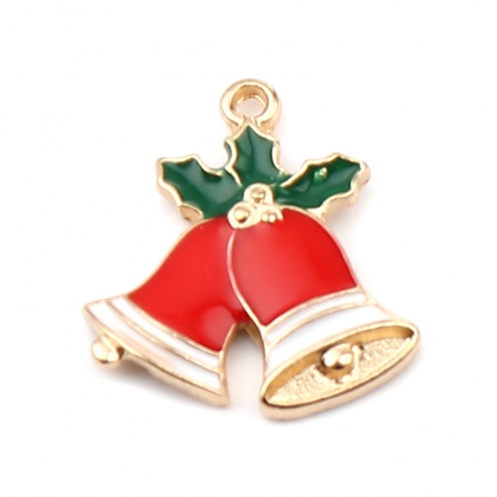 Picture of Zinc Based Alloy Charms Christmas Jingle Bell Gold Plated Red & Green Enamel 21mm x 19mm, 10 PCs