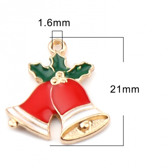 Picture of Zinc Based Alloy Charms Christmas Jingle Bell Gold Plated Red & Green Enamel 21mm x 19mm, 10 PCs