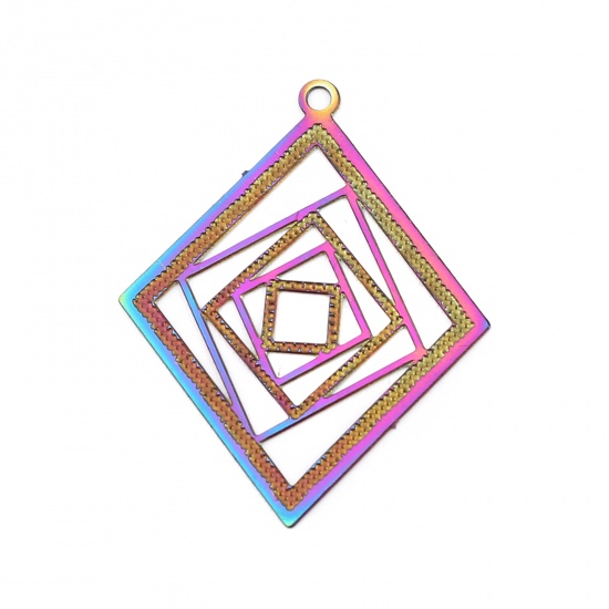 Picture of Stainless Steel Filigree Stamping Charms Rhombus AB Color Plating 28mm x 22mm, 10 PCs