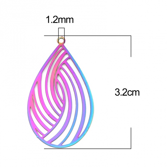 ステンレス鋼 透かしパーツ ペンダント 滴 ドロップ ABカラー フィリグリー 透かし メッキ 32mm x 18mm、 10 個 の画像