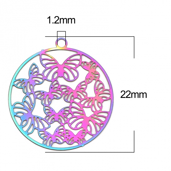 Picture of Stainless Steel Filigree Stamping Charms Round AB Color Butterfly Plating 22mm x 20mm, 10 PCs