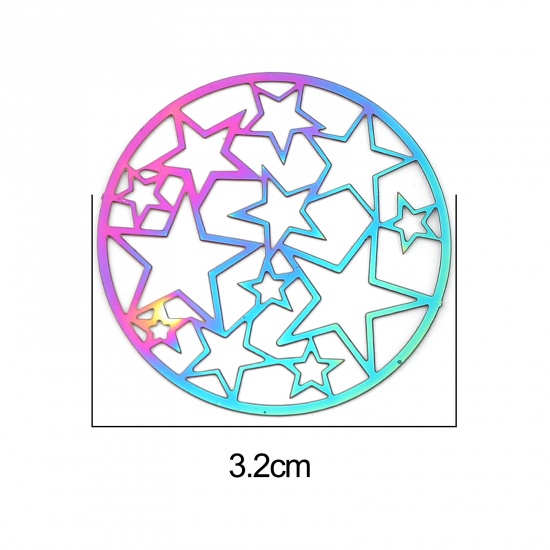 ステンレス鋼 透かしパーツ ペンダント 円形 ABカラー スター メッキ 32mm 直径、 5 個 の画像