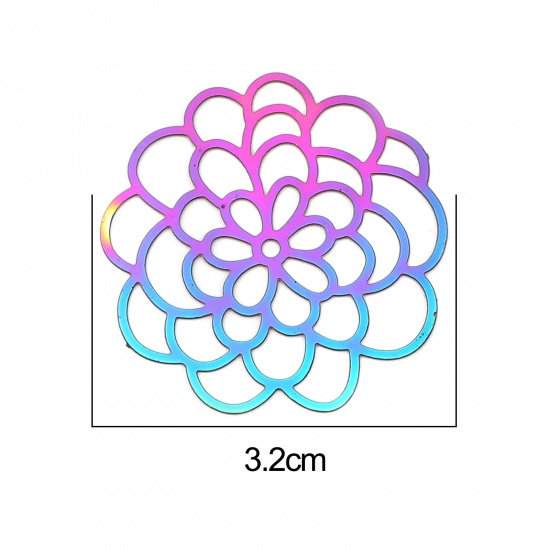 ステンレス鋼 透かしパーツ ペンダント フラワー ABカラー メッキ 32mm x 30mm、 10 個 の画像