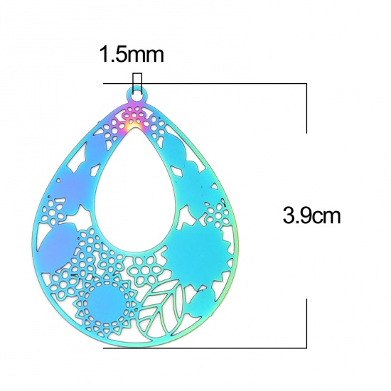 ステンレス鋼 透かしパーツ ペンダント 滴 ドロップ ABカラー 花葉 メッキ 39mm x 30mm、 10 個 の画像