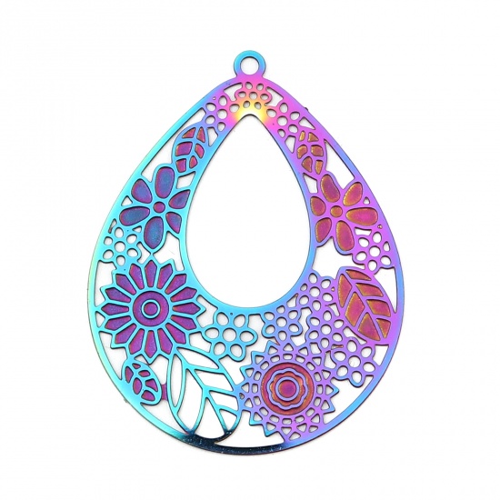 ステンレス鋼 透かしパーツ ペンダント 滴 ドロップ ABカラー 花葉 メッキ 39mm x 30mm、 10 個 の画像