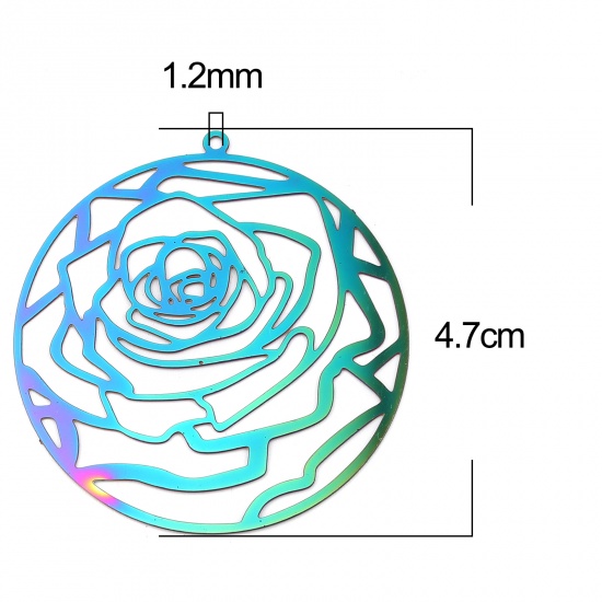 Picture of Stainless Steel Filigree Stamping Pendants Round AB Color Rose Flower Plating 47mm x 44mm, 5 PCs