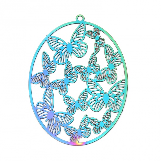 Picture of Stainless Steel Filigree Stamping Pendants Oval AB Color Butterfly Plating 48mm x 35mm, 5 PCs