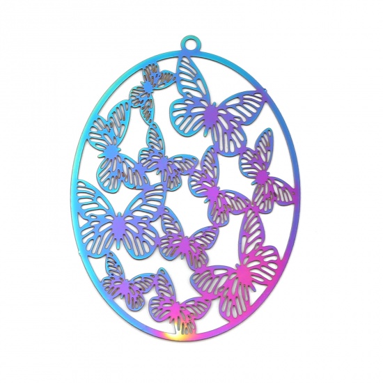 Picture of Stainless Steel Filigree Stamping Pendants Oval AB Color Butterfly Plating 48mm x 35mm, 5 PCs