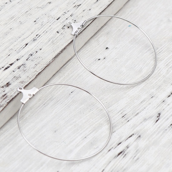 Picture of Iron Based Alloy Hoop Earrings Findings Circle Ring Silver Tone 35mm Dia.,Post/ Wire Size: (21 gauge), 30 PCs