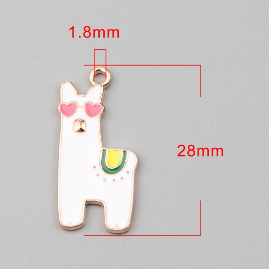 Picture of Zinc Based Alloy Charms Alpaca Animal Gold Plated White Enamel 28mm x 13mm, 10 PCs