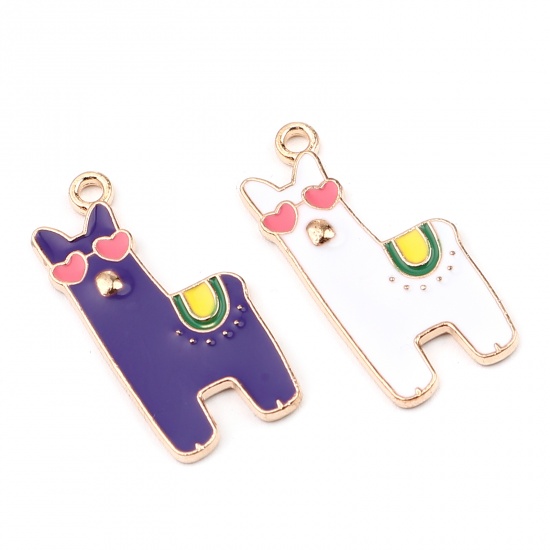 Picture of Zinc Based Alloy Charms Alpaca Animal Gold Plated White Enamel 28mm x 13mm, 10 PCs