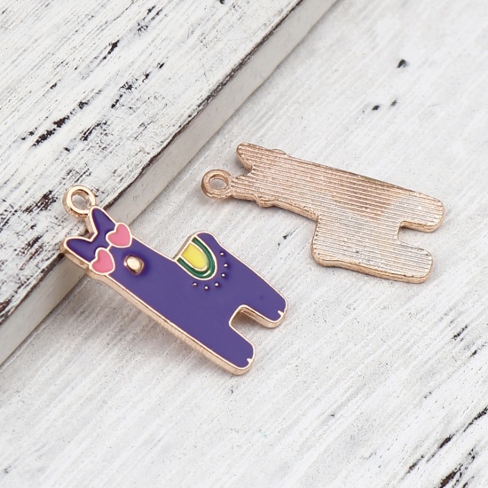 Picture of Zinc Based Alloy Charms Alpaca Animal Gold Plated Dark Blue Enamel 28mm x 13mm, 10 PCs