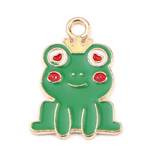 Picture of Zinc Based Alloy Charms Frog Animal Gold Plated Green Enamel 24mm x 17mm, 10 PCs