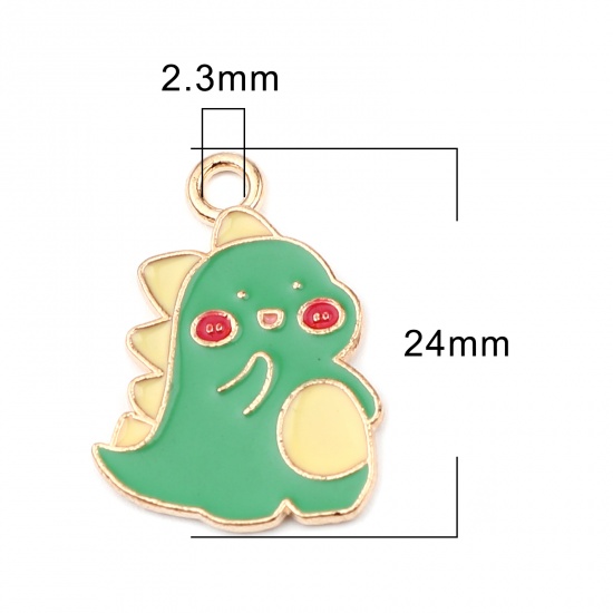 Picture of Zinc Based Alloy Charms Dinosaur Animal Gold Plated Green & Yellow Enamel 24mm x 17mm, 10 PCs