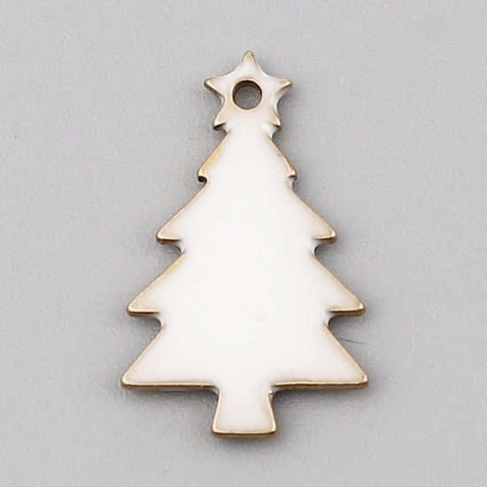 Picture of Brass Enamelled Sequins Charms Brass Color White Christmas Tree 14mm x 7mm, 10 PCs                                                                                                                                                                            