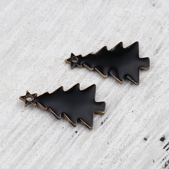 Picture of Brass Enamelled Sequins Charms Brass Color Black Christmas Tree 14mm x 7mm, 10 PCs                                                                                                                                                                            