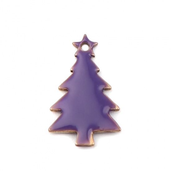 Picture of Brass Enamelled Sequins Charms Brass Color Purple Christmas Tree 14mm x 7mm, 10 PCs                                                                                                                                                                           