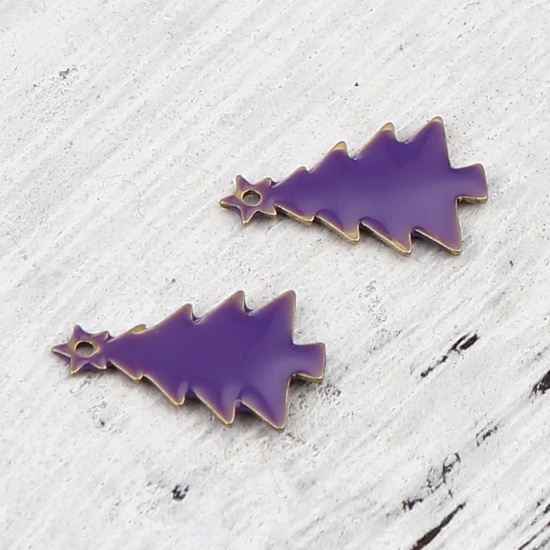 Picture of Brass Enamelled Sequins Charms Brass Color Purple Christmas Tree 14mm x 7mm, 10 PCs                                                                                                                                                                           