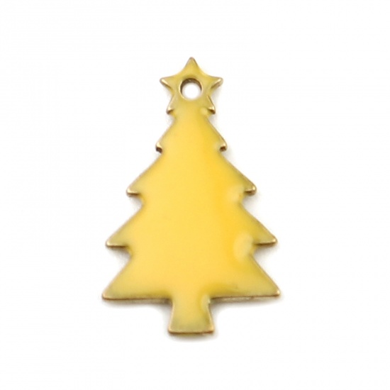 Picture of Brass Enamelled Sequins Charms Brass Color Yellow Christmas Tree 14mm x 7mm, 10 PCs                                                                                                                                                                           