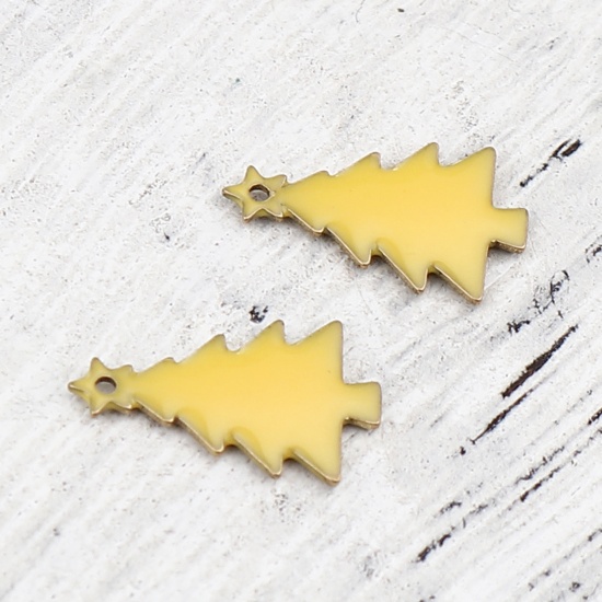 Picture of Brass Enamelled Sequins Charms Brass Color Yellow Christmas Tree 14mm x 7mm, 10 PCs                                                                                                                                                                           