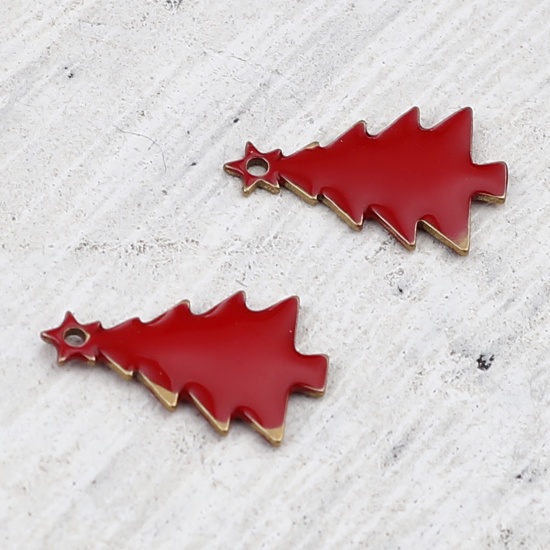 Picture of Brass Enamelled Sequins Charms Brass Color Red Christmas Tree 14mm x 7mm, 10 PCs