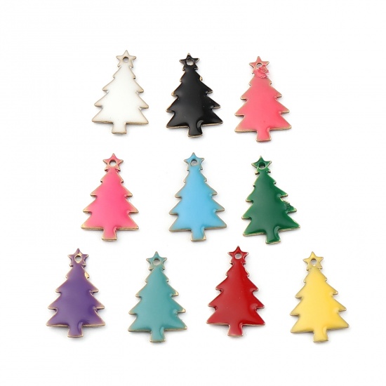 Picture of Brass Enamelled Sequins Charms Brass Color Red Christmas Tree 14mm x 7mm, 10 PCs