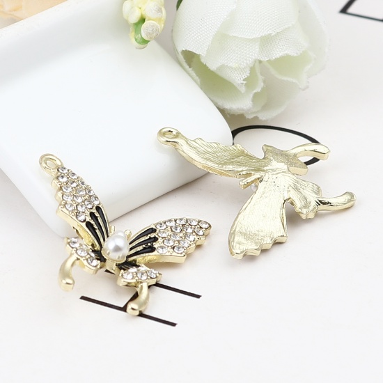 Picture of Zinc Based Alloy Micro Pave Charms Butterfly Insect Animal Gold Plated Black & White Acrylic Enamel Imitation Pearl Clear Rhinestone 24mm x 23mm, 3 PCs