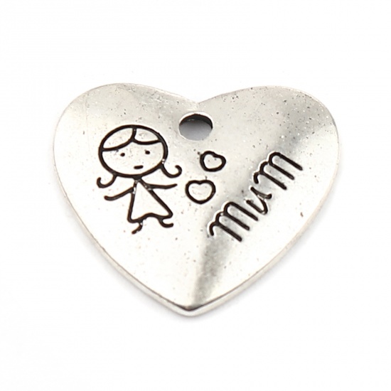 Image de Breloques Bijoux de Famille en Alliage de Zinc Cœur Argent Vieilli Fille Message" MUM " 20mm x 18mm, 20 Pcs