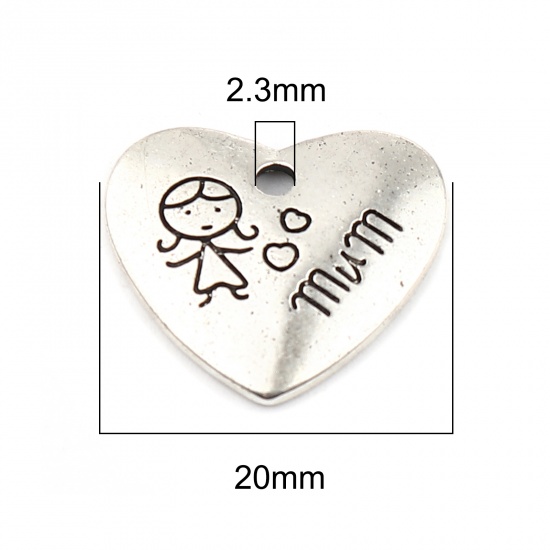 Image de Breloques Bijoux de Famille en Alliage de Zinc Cœur Argent Vieilli Fille Message" MUM " 20mm x 18mm, 20 Pcs